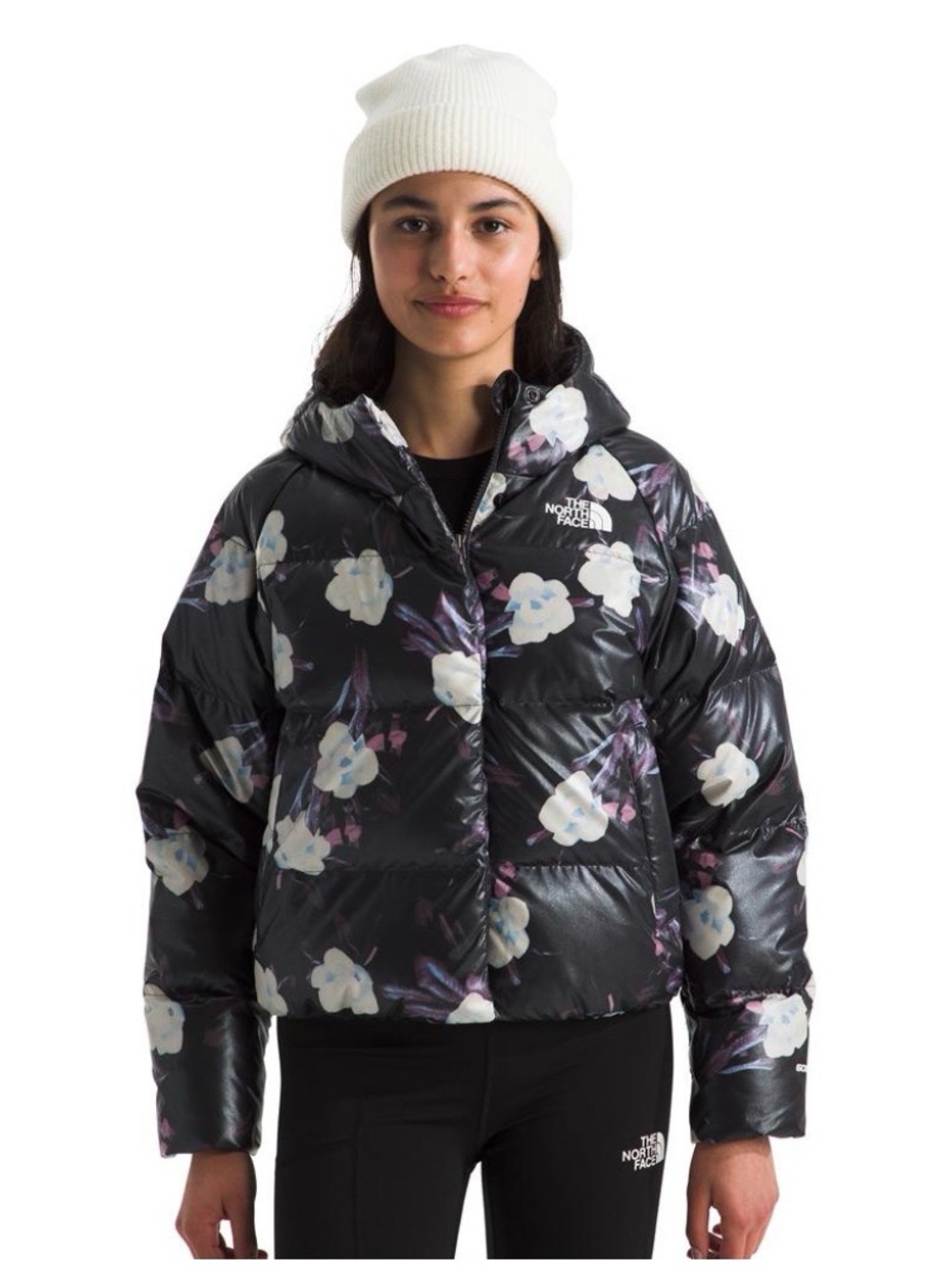 The North Face Black Floral Puff Jacket with White Blooms